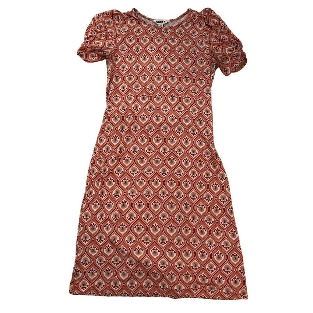 Boden Women's Puff Sleeve Tie Waist Dress Size‎ US 4R UK 8R Red Geometric Print